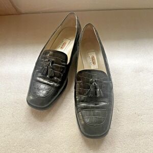 Vintage Talbots Loafer Shoes Womens 6.5 M Black Croc Embossed Tassel Y2K Italy